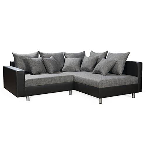 Ecksofa Eckcouch Couchgarnitur Sofa Couch JURI, in schwarz/grau, Ottomane rechts, 11 Sofakissen